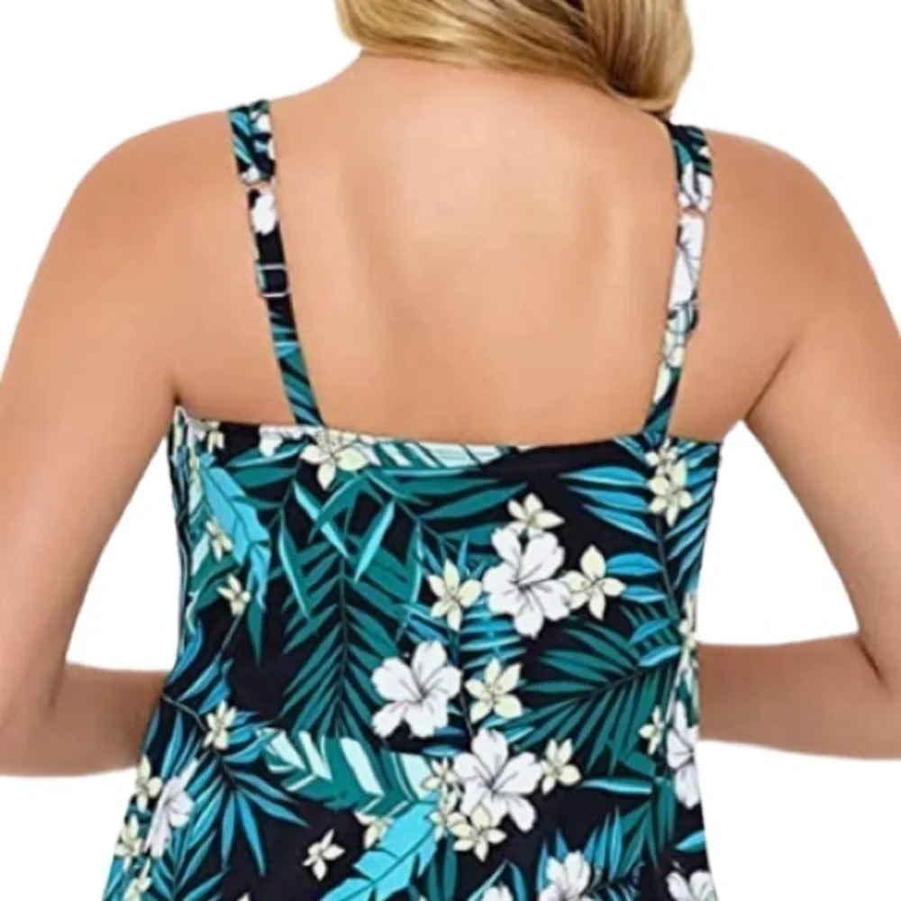 SWIM SOLUTIONS Women's Black Tropical Print High Neck Scalloped Swimdress - Picture 6 of 13